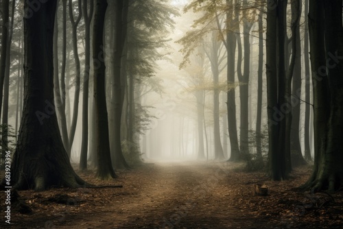 A mysterious path winds through a foggy forest. Perfect for nature and adventure-themed projects