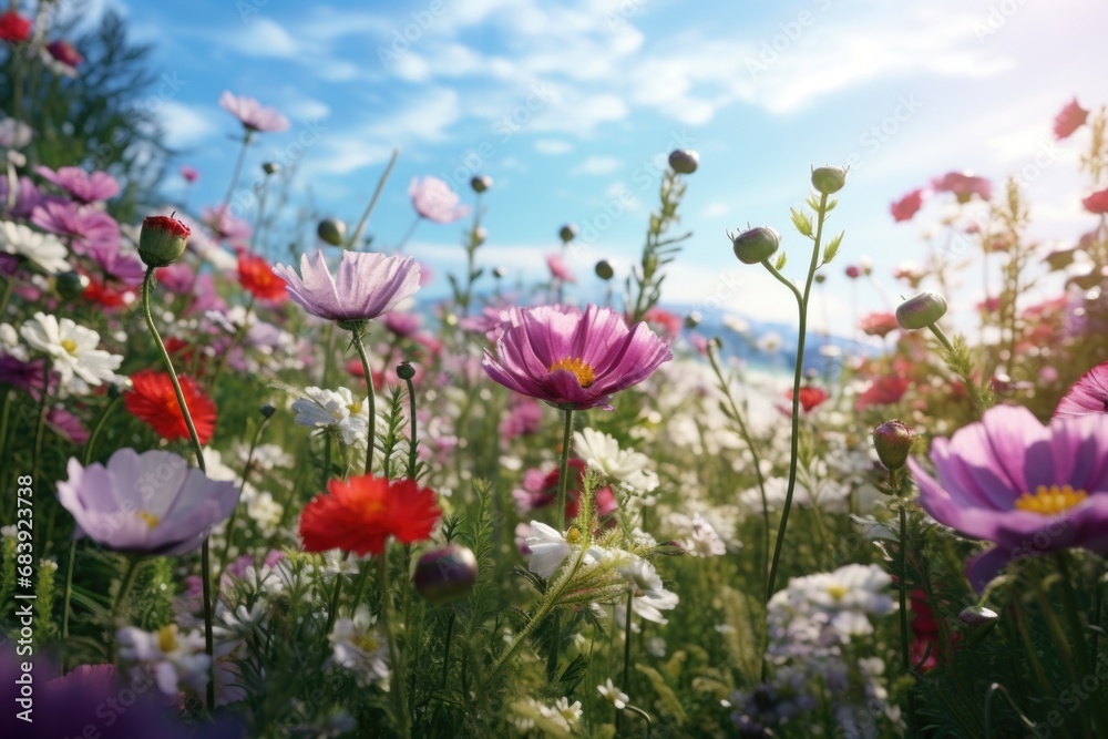 A beautiful field of colorful flowers with a clear blue sky in the background. 