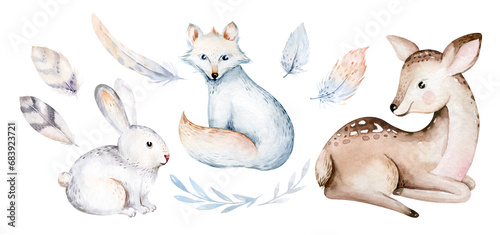 polar arctic animals watercolor collection. snowy owl. reindeer and polar bear, arctic fox. Baby penguin, walrus and seal, hare. hand drawn whale photo