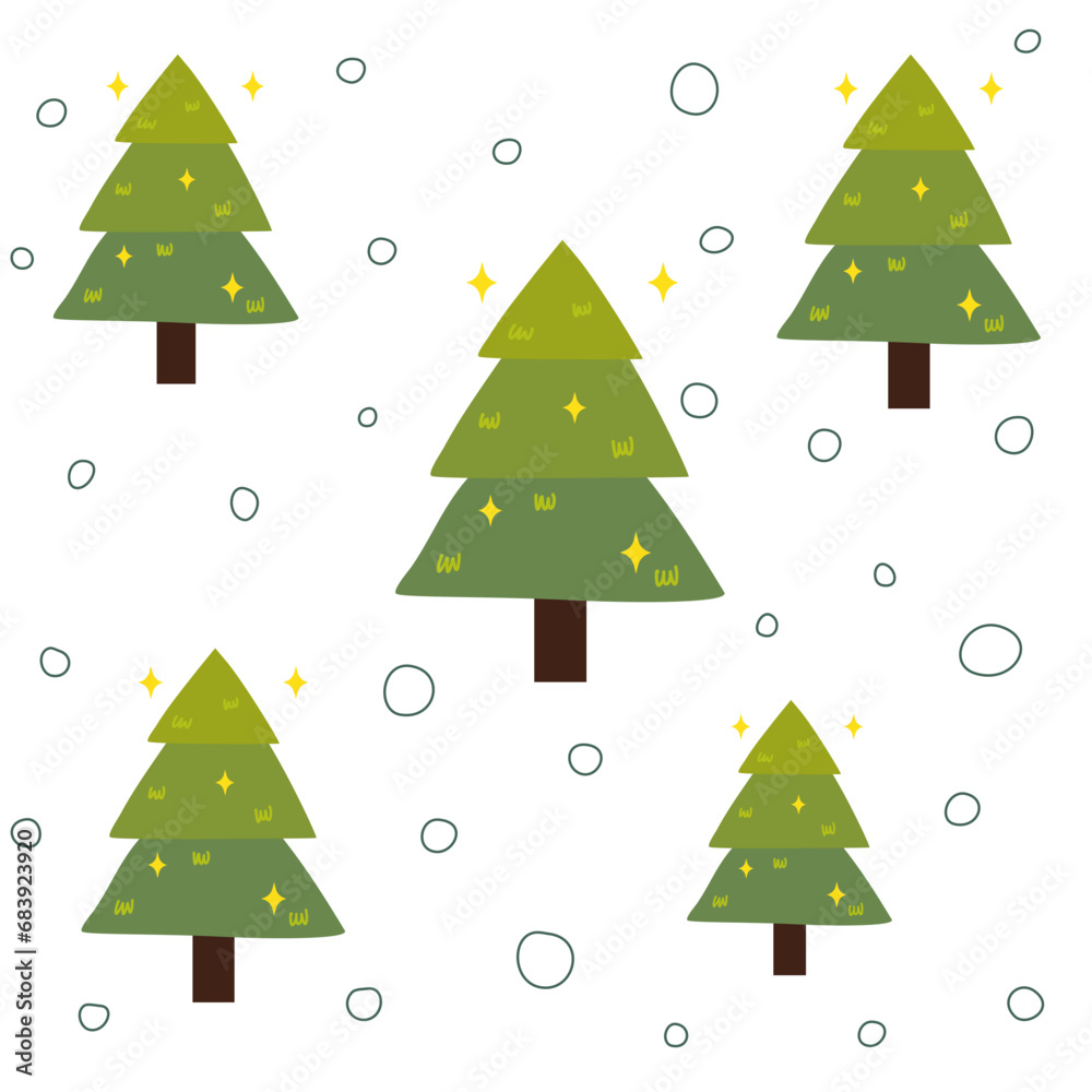 Seamless pattern vector illustration of Christmas tree. Modern Xmas desidn isolated on white background. Christmas tree, balls, stars. Pine trees.