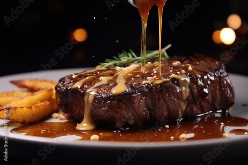 A piece of steak being drizzled with delicious sauce. Perfect for food lovers and culinary enthusiasts