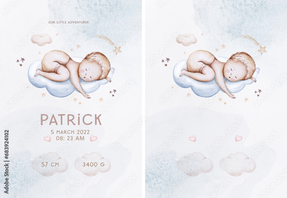 Watercolor newborn Baby Shower greeting card with babies boy. Birthday card with text space of new born baby and pregrand women invitation. - obrazy, fototapety, plakaty 