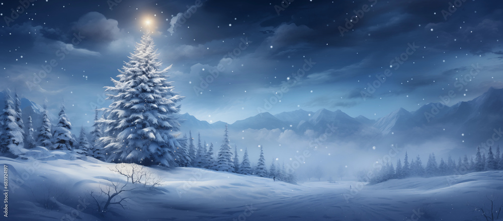 Beautiful Christmas snowy background. Christmas tree in the forest in snowdrifts snowfall outdoors