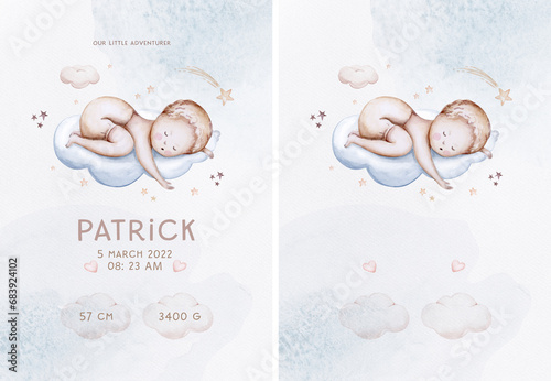 Watercolor newborn Baby Shower greeting card with babies boy. Birthday card with text space of new born baby and pregrand women invitation.