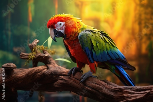 A vibrant parrot perched on a tree branch. Perfect for tropical themes or nature designs