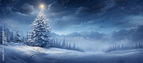 Beautiful Christmas snowy background. Christmas tree in the forest in snowdrifts snowfall outdoors