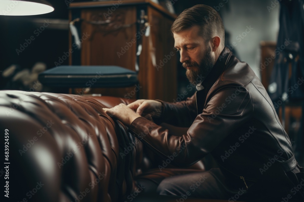 A man is pictured sitting on a brown leather couch. This image can be used to depict relaxation, comfort, or home decor