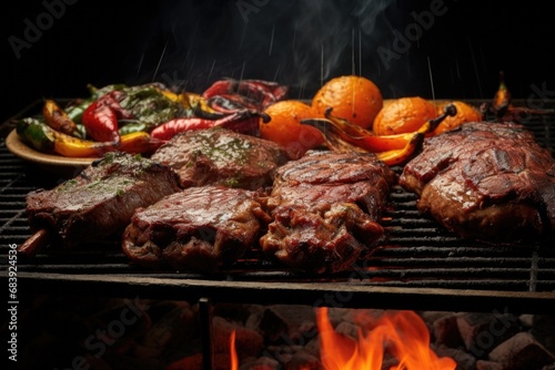 A picture of a grill with meat and vegetables cooking on it. Perfect for summer BBQs and outdoor cooking