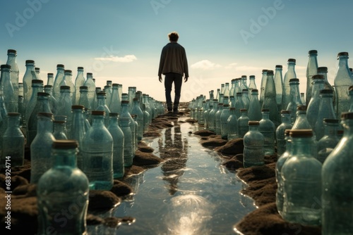 A man standing in a field filled with empty bottles. This image can be used to represent recycling, environmental issues, or excessive waste