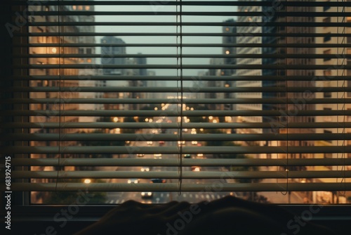 A person is captured looking out a window at a bustling city. This image can be used to depict curiosity, contemplation, or longing for adventure. Suitable for various projects and designs