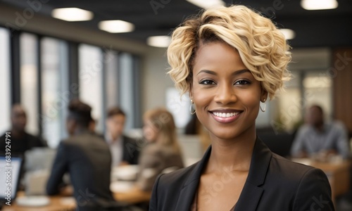 Smiling attractive short hair blonde confident professional black woman posing at her business office with her coworkers and employees in the background.
