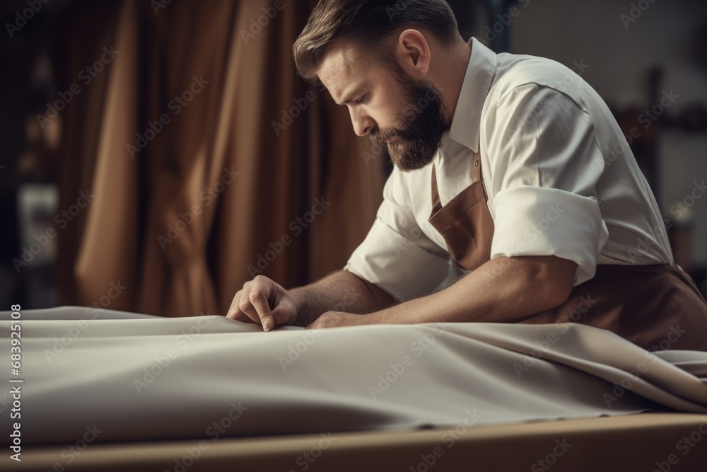 A man wearing an apron is working on a piece of cloth. This image can be used to showcase craftsmanship or tailoring skills A man wearing an apron is working on a piece of cloth. This image can be used to showcase craftsmanship or tailoring skills