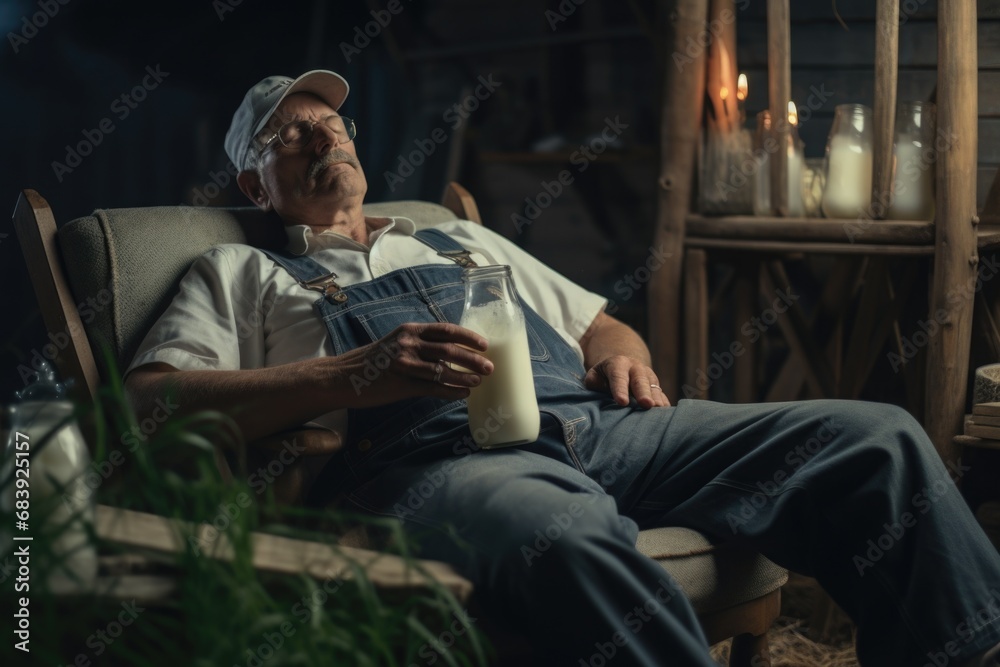 A man sitting in a chair holding a glass of milk. This image can be used to depict relaxation, refreshment, or enjoying a healthy beverage