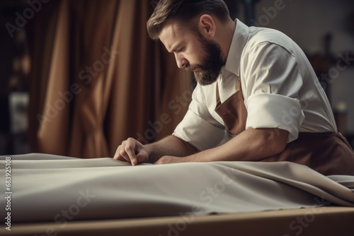 A man wearing an apron is working on a piece of cloth. This image can be used to showcase craftsmanship or tailoring skills