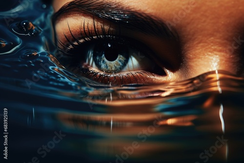 A close-up view of a person's eye submerged in water. 