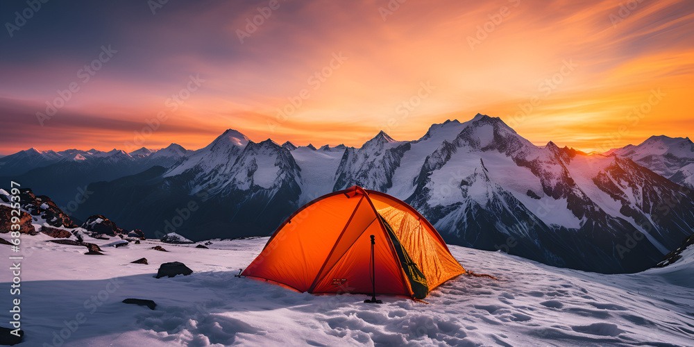 A tent in the snow with the mountains in the background, camping in the mountains, Tent pitched on a snowy mountain.  Generative Ai
