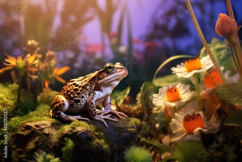 A frog sitting on top of a moss covered rock. This image can be used to depict nature  wildlife  or tranquility