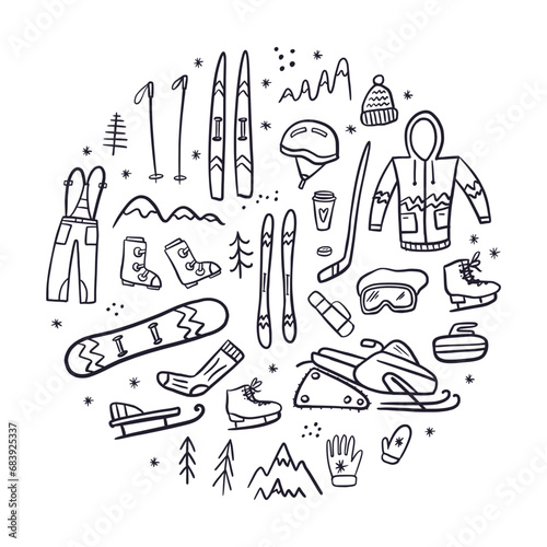 Vector round illustration of a collection of symbols for skiing and winter sports, hand-drawn in the style of doodles