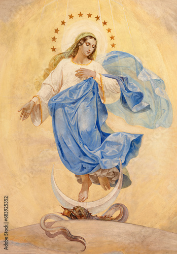 VICENZA, ITALY - NOVEMBER 7, 2023: The fresco of Immaculate Conception on the ceiling of church Chiesa di Santa Lucia by Rocco Pittaco (1862). photo