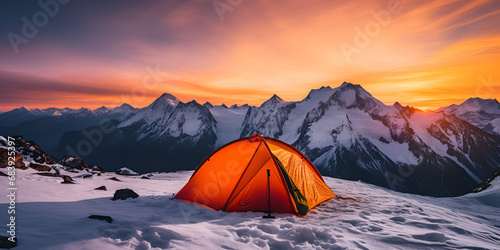 A tent in the snow with the mountains in the background, camping in the mountains, Tent pitched on a snowy mountain. Generative Ai