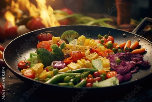 A frying pan filled with a variety of colorful vegetables is placed next to a crackling fire. 