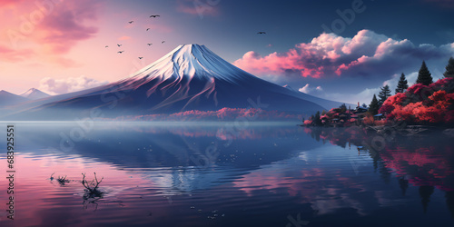 Mount Fuji landscape with towering snow-capped peak, reflection from the lake, and pink cherry blossoms in full bloom.