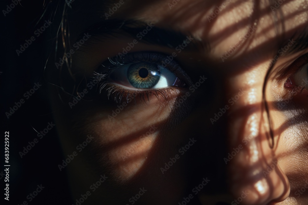 A close-up view of a person's eye with a shadow. This image can be used to depict mystery or intrigue.