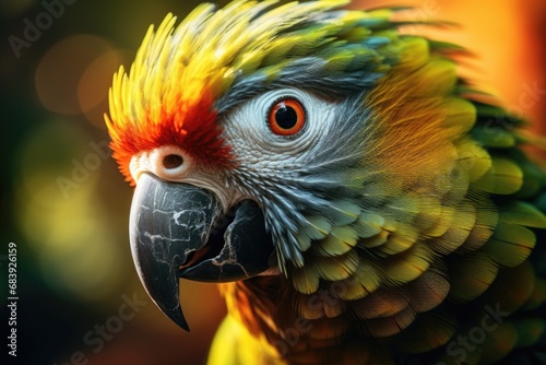 A close up view of a parrot s face with a blurry background. This image can be used for various purposes