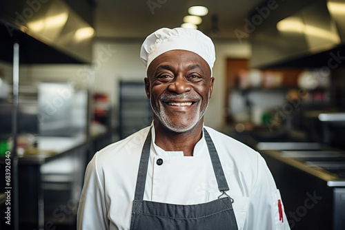 Middle aged african american kitchen chef in a modern restaurant kitchen smiling, generative ai 