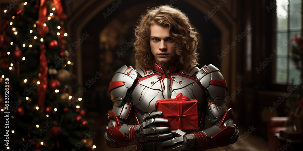 Handsome happy male humanoid cyborg stands and holding big Christmas red gift box decorated with Christmas and New Year banner, Concept merry christmas and happy new year, AI Generative