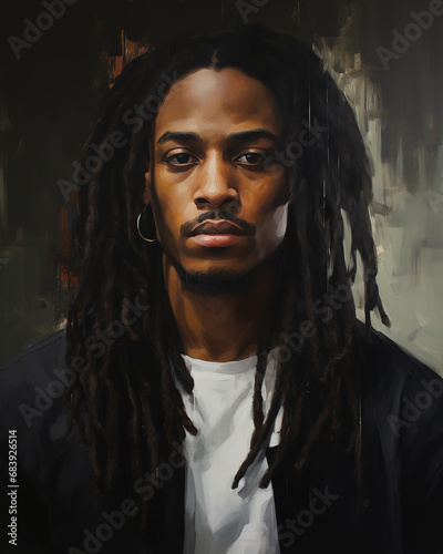 Portrait of a young black man with long hair, painting style, generative ai 
