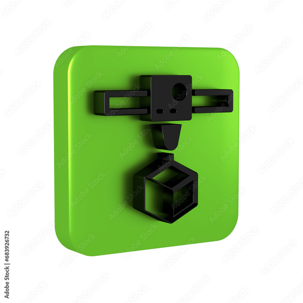 Black 3D printer cube icon isolated on transparent background. 3d printing. Green square button. Black 3D printer cube icon isolated on transparent background. 3d printing. Green square button.