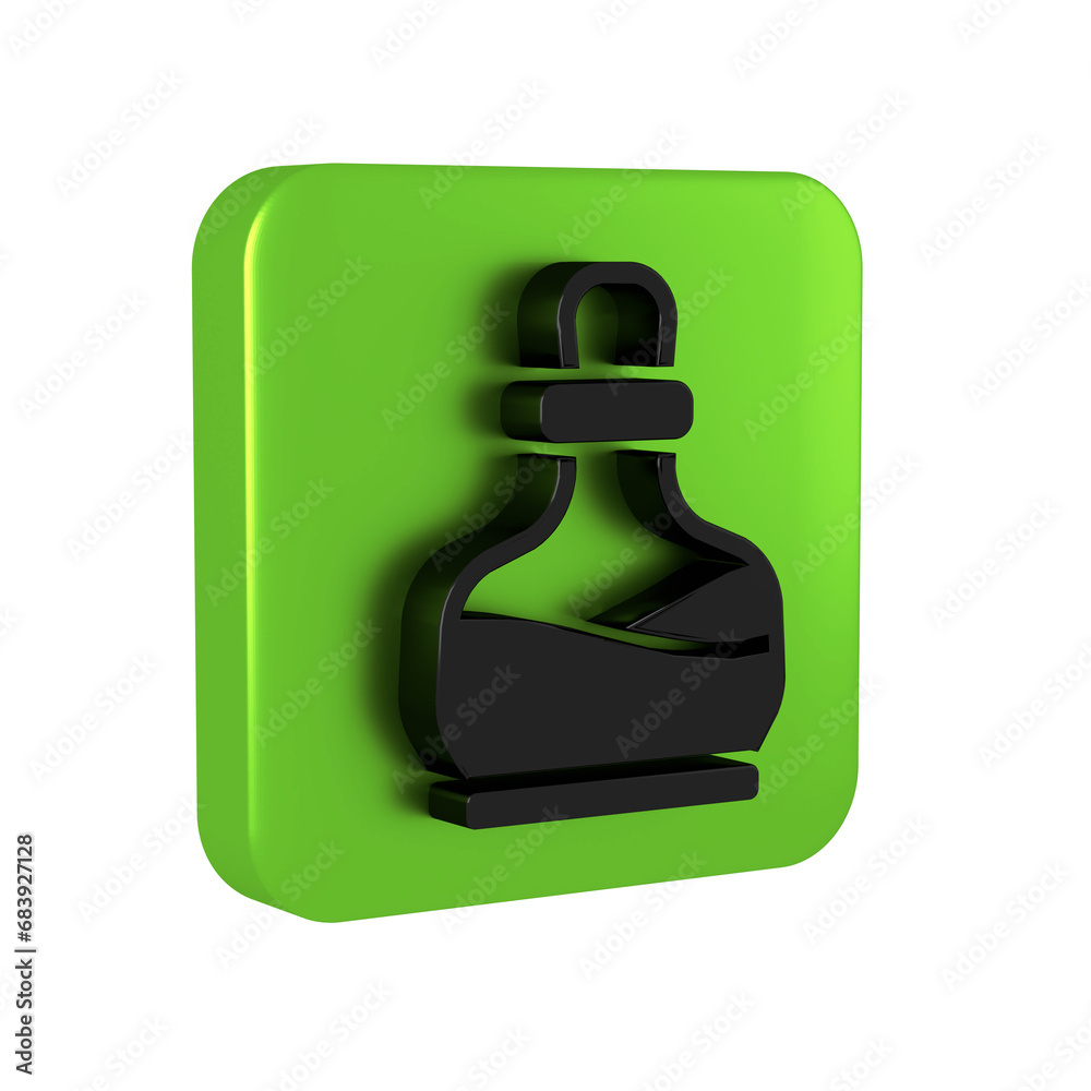 Black Bottle with potion icon isolated on transparent background. Flask with magic potion. Happy Halloween party. Green square button. Black Bottle with potion icon isolated on transparent background. Flask with magic potion. Happy Halloween party. Green square button.