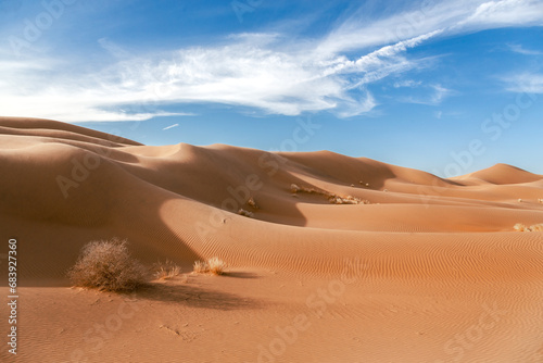 Fototapeta Naklejka Na Ścianę i Meble -  Sand dunes in desert areas, sand formations, golden sands in the desert, desert terrain, desert areas, beauty of desert nature
