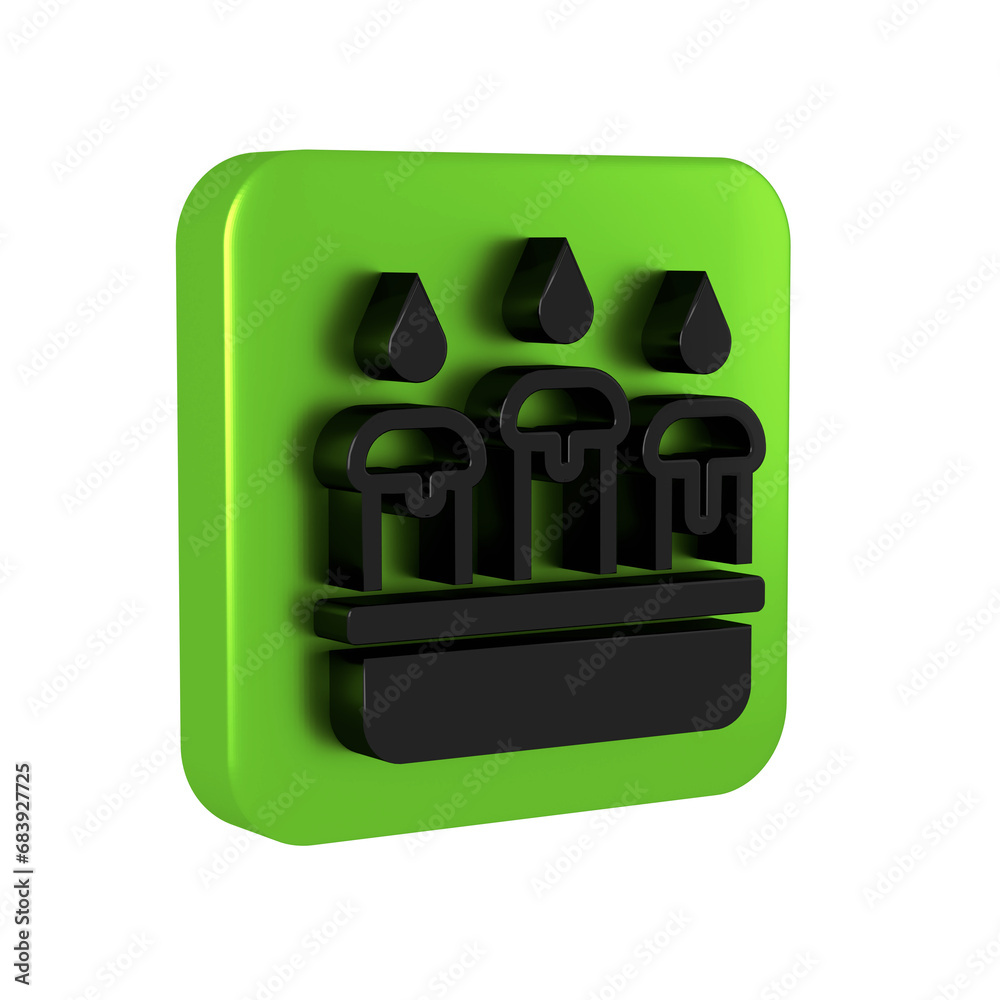 Black Burning candle in candlestick icon isolated on transparent background. Cylindrical candle stick with burning flame. Green square button. Black Burning candle in candlestick icon isolated on transparent background. Cylindrical candle stick with burning flame. Green square button.
