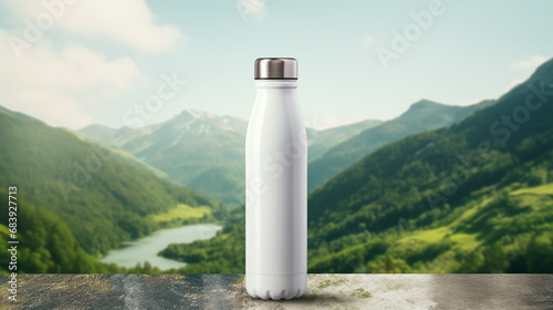 Water bottle floating in the air on natural background.