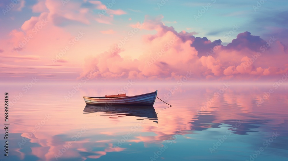 A solitary boat adrift on a serene lake, mirrored perfectly against the pastel hues of the evening sky.