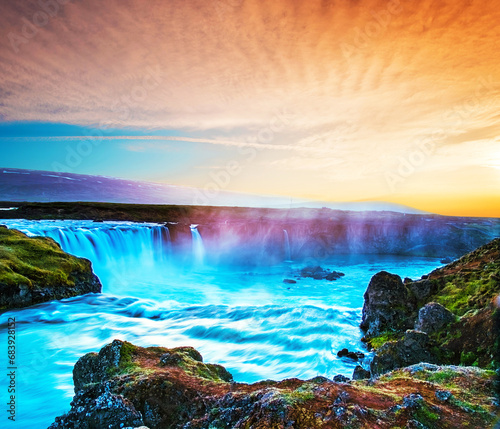 Exciting beautiful landscape with one of the most spectacular waterfalls in Iceland Godafoss on the river Skjalfandafljot. Exotic countries. Amazing places. (Meditation, antistress - concept). photo