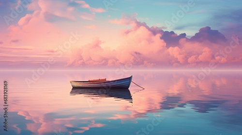 A solitary boat adrift on a serene lake, mirrored perfectly against the pastel hues of the evening sky.