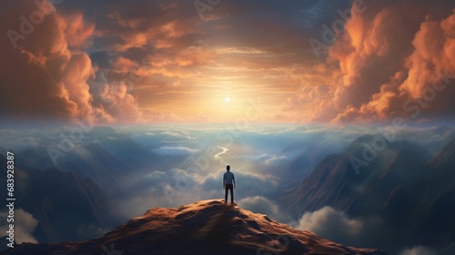 A solitary figure standing at the edge of a precipice, gazing at the vast expanse as if communing with the heavens.