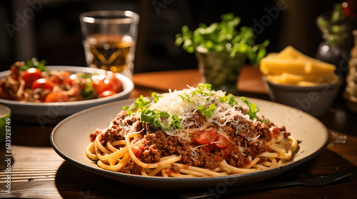 Plato de pasta italiana con carne y tomate.