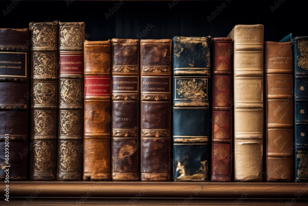 Fototapeta premium Well-read Library books closeup. Old literature. Generate Ai