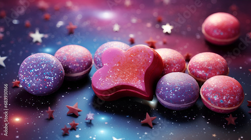 sweets galaxy for valentine's day, a group of candy on a white background with stars and a star, in the style of cosmic landscapes, light indigo and dark crimson, liquid metal, fairytale-inspired