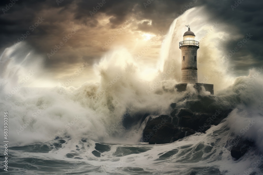 Lighthouse storm winter. Ocean clouds. Generate Ai