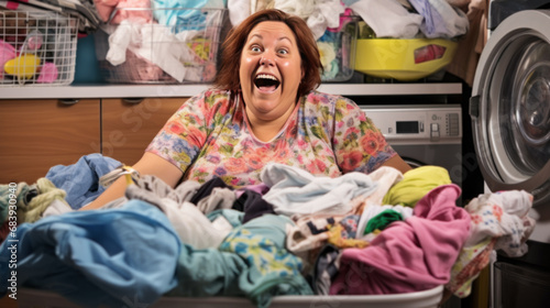 Frustrated overweigh housewife surrounded with pile of laundry, housework routine concept. photo