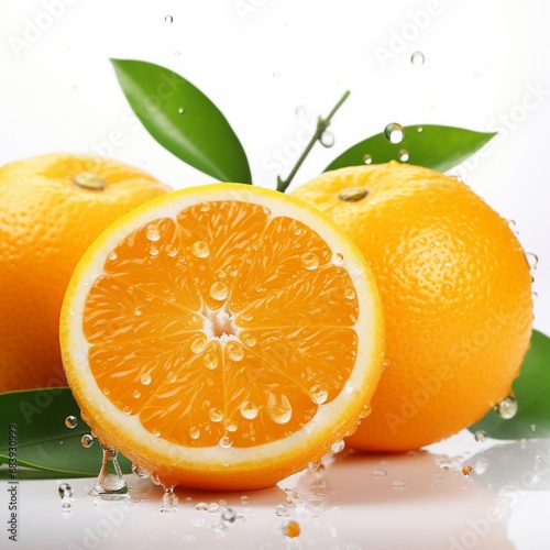 Fresh Oranges and Lush Leaves in a Bright White background photo