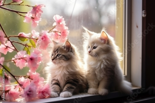 lovely kittens are sitting on the windowsill there are pink flowers around them, in the style of soft, dreamy scenes, dark beige and magenta, captivating gaze