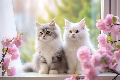 lovely kittens are sitting on the windowsill there are pink flowers around them, in the style of light magenta and light beige