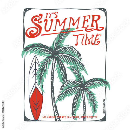 Palm tree beach vector graphic tee Artwork, its summer time text print, hand drawn surfboard for Los Angeles, California, united states, vintage graphic print design for t shirt and others.