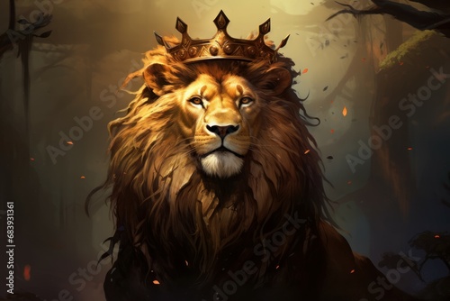 Ornate Lion crown animal banner. African king. Generate AI